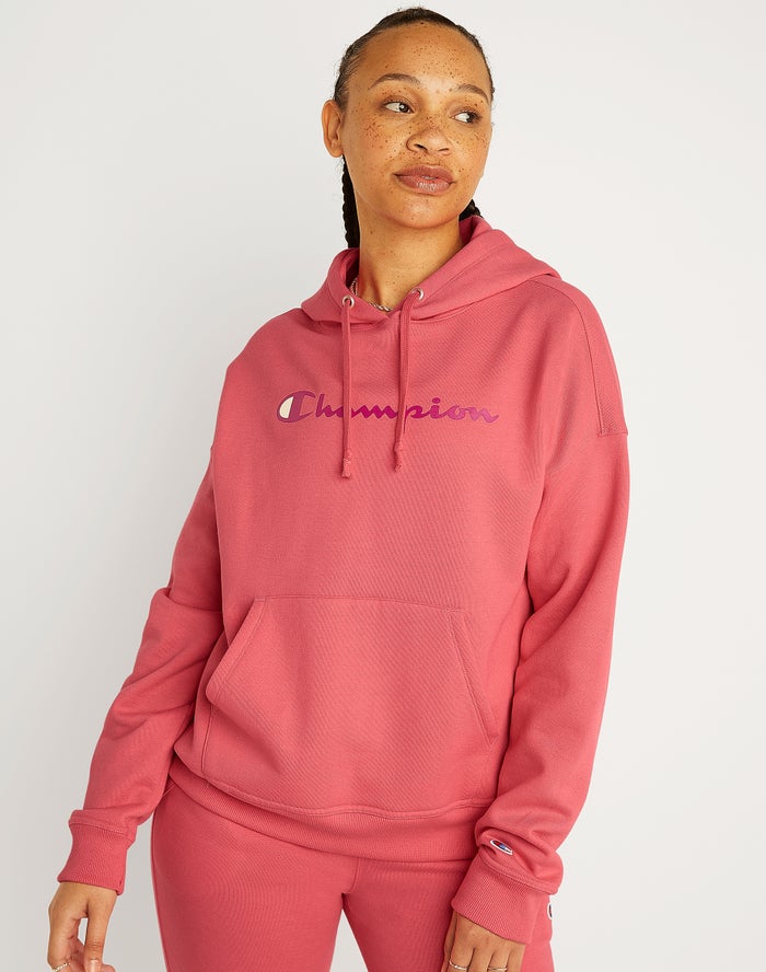 Champion Dame Hættetrøje Koral - Powerblend Fleece Relaxed Script Logo - Danmark FOM-831504